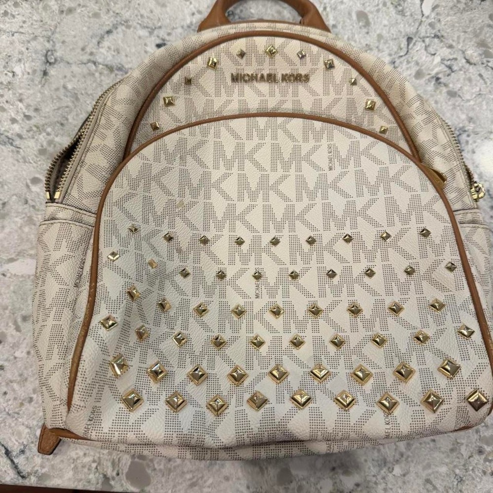 Michael Kors Abbey Studded Signature Logo Backpack Cream White Tan Medium